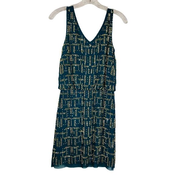 Cache Teal Green Gold Beaded Dress Size 0 - Picture 2 of 7